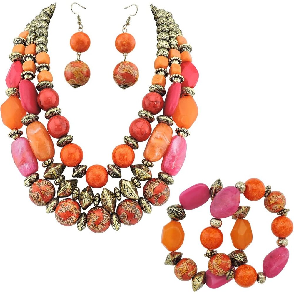 3 Layer Chunky Statement Beaded Necklace Earrings Bracelet Set, Fashion Multi La